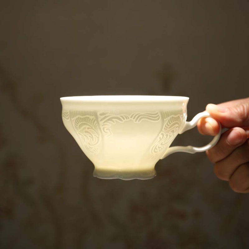 PULCHRITUDIE White Fine Porcelain 7 Oz Teacup Saucer Set, Sculpture Surface, Light Weight, Set of Four - Image 5